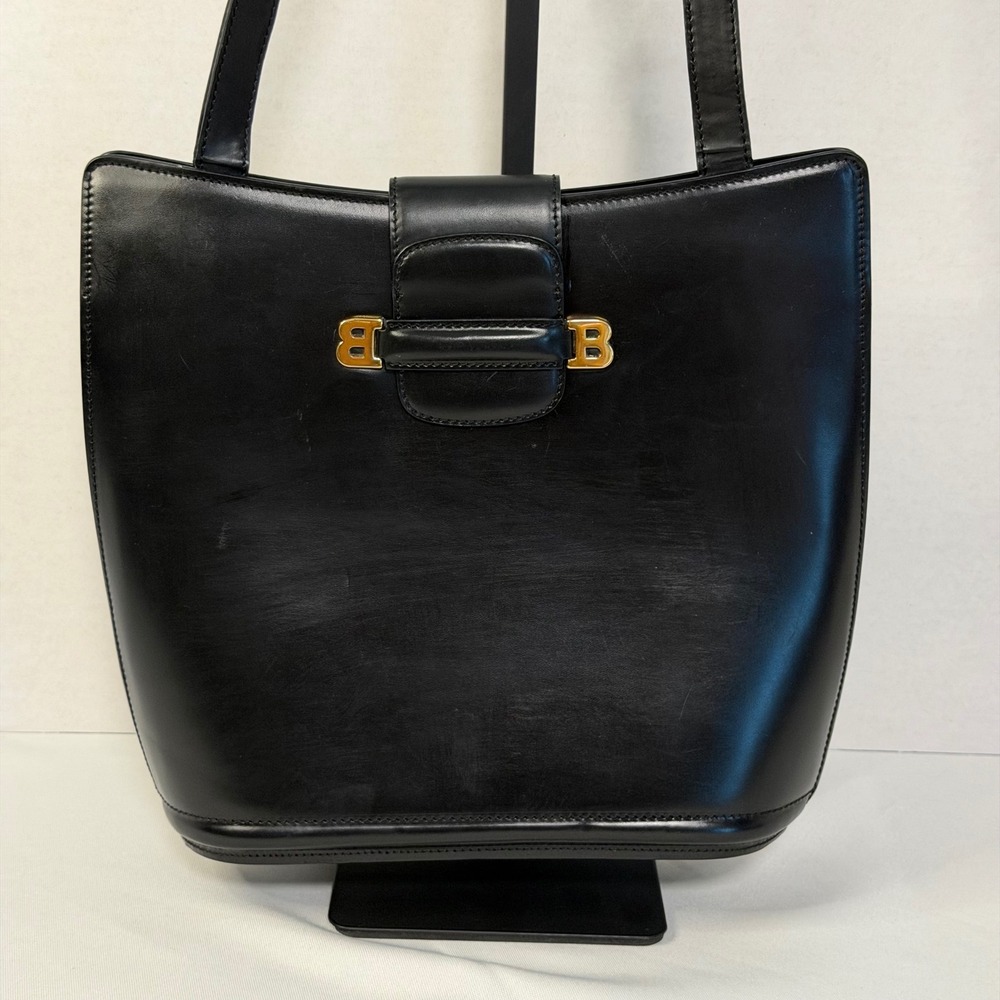 Bally Vintage Black Leather Shoulder Bag Gold B Logo Hardware Structured Bucket